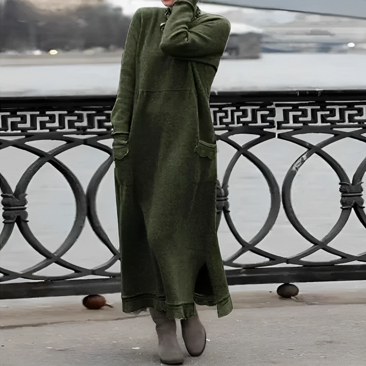Women's Knitted Maxi Dress with High Neck and Front Pockets