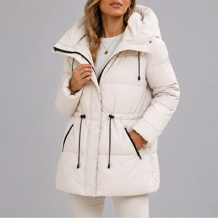 Women's Hooded Puffer Coat with Drawstring Waist