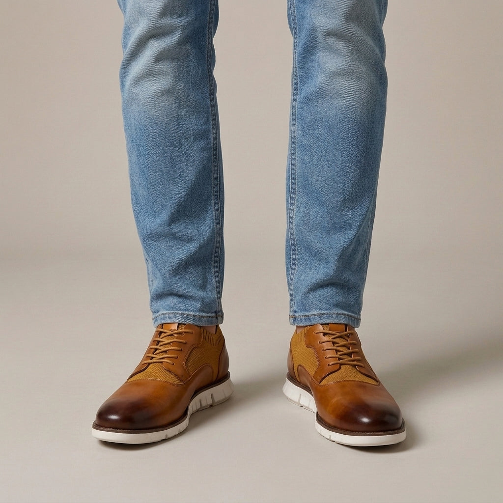 Men's Leather Lace-Up Trainers with Knit Panels