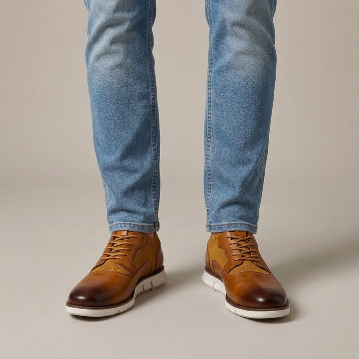 Men's Leather Lace-Up Trainers with Knit Panels