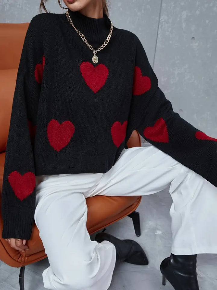 Women's Heart Print Knitted Turtleneck Jumper in Relaxed Fit