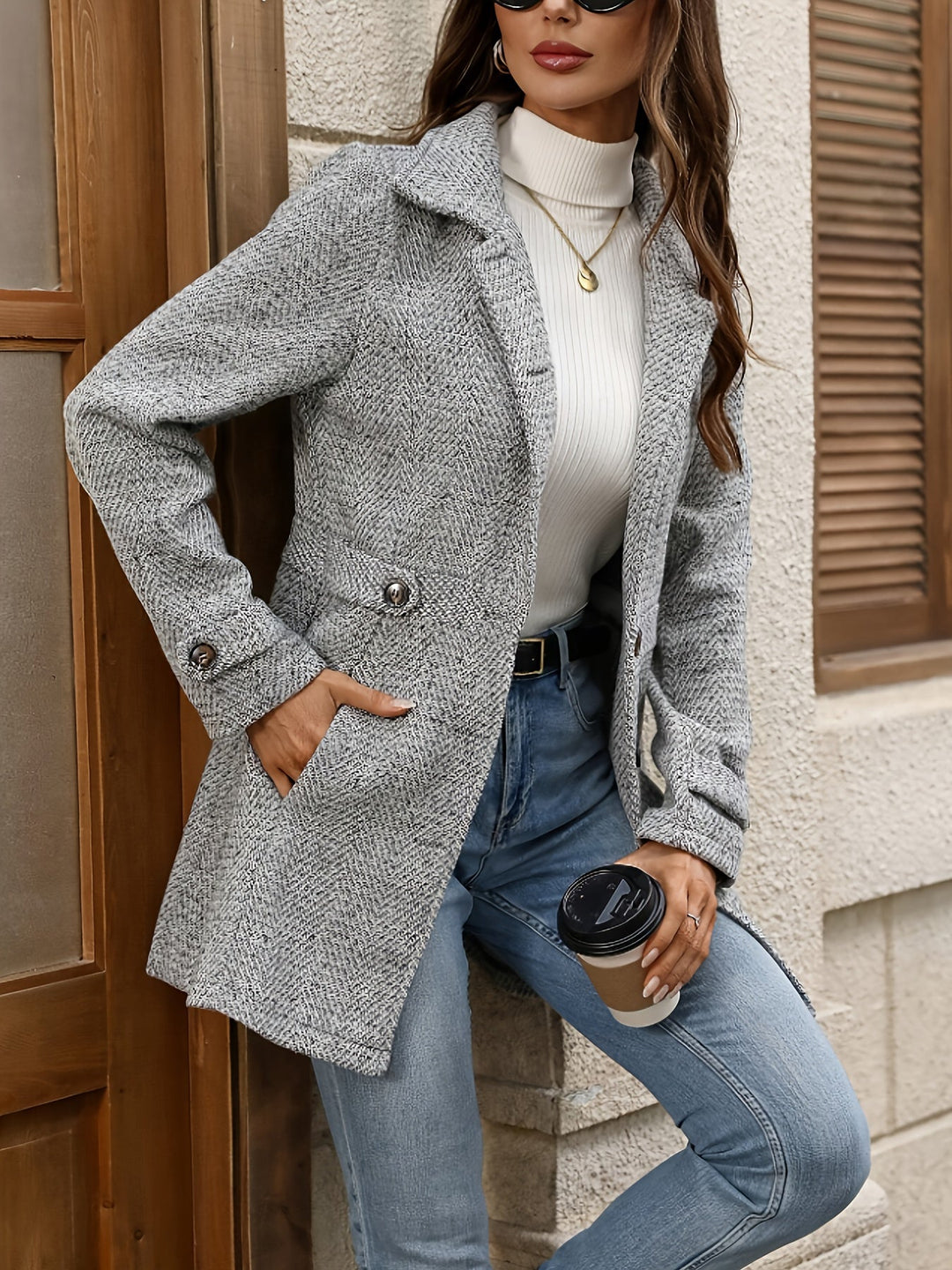 Women's Herringbone Tailored Coat with Cinched Waist