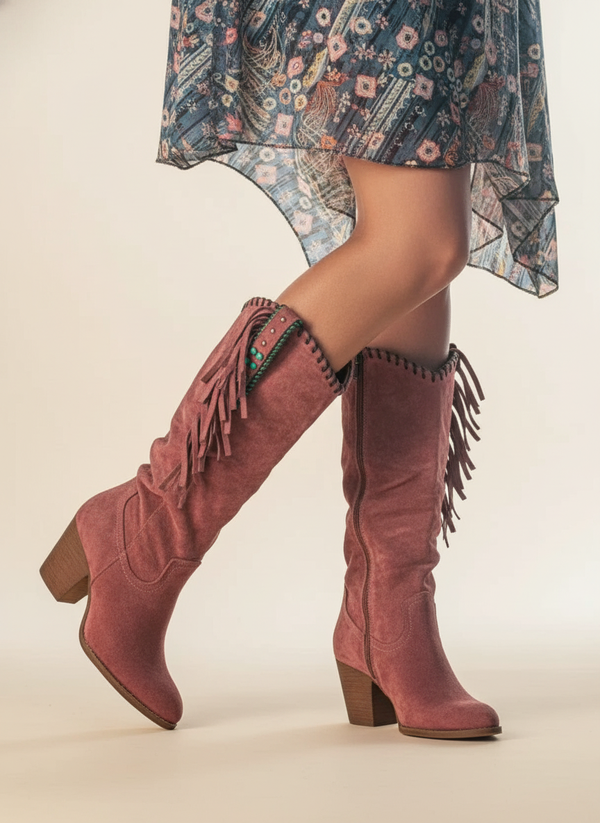 Women's Suede Knee-High Fringe Boots