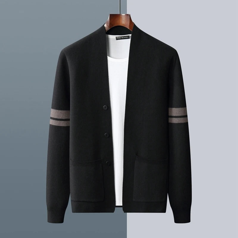 Men's Knitted Cardigan with Striped Sleeve Detail