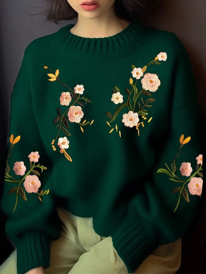 Women's Embroidered Knitted Jumper with Crew Neck Relaxed Fit