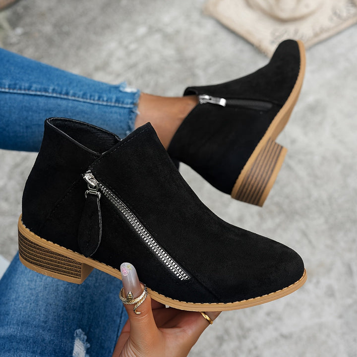 Women's Suede Ankle Boots with Side Zip Block Heel