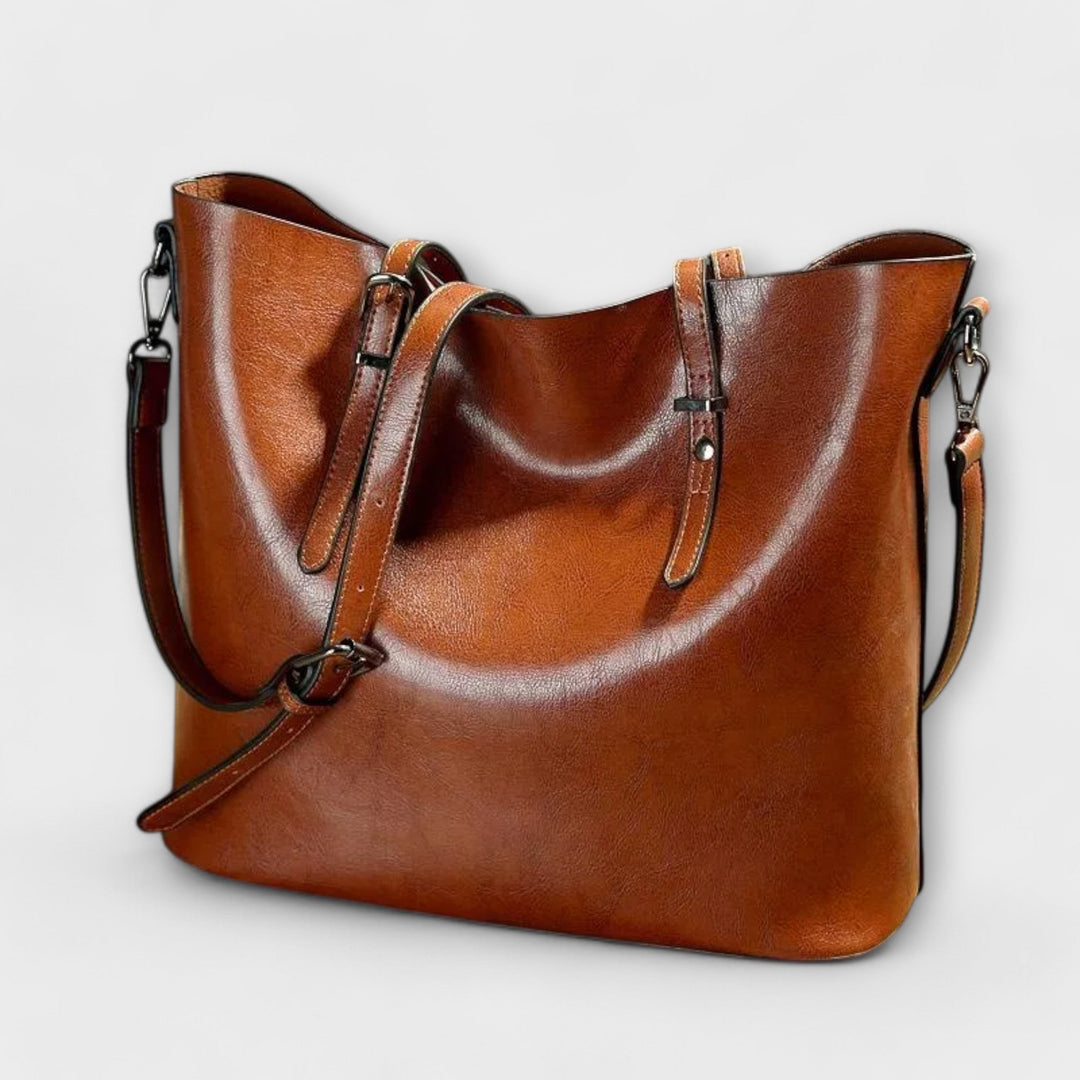 Women's Leather Bucket Tote with Buckle Strap Detail