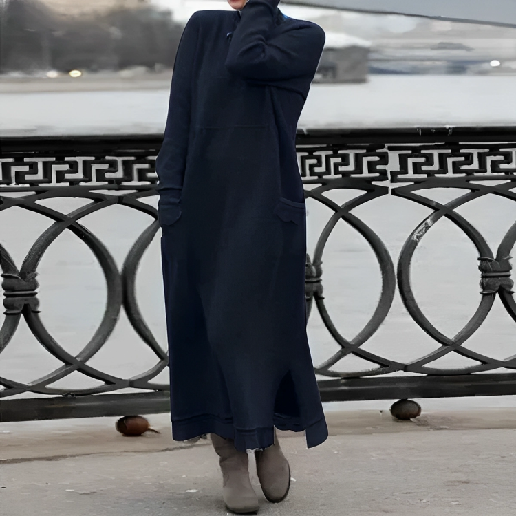 Women's Knitted Maxi Dress with High Neck and Front Pockets