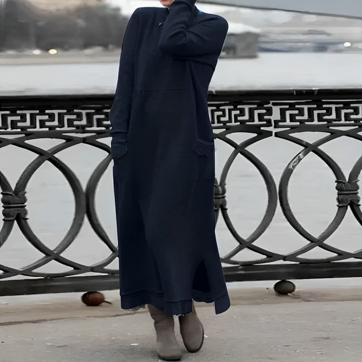 Women's Knitted Maxi Dress with High Neck and Front Pockets