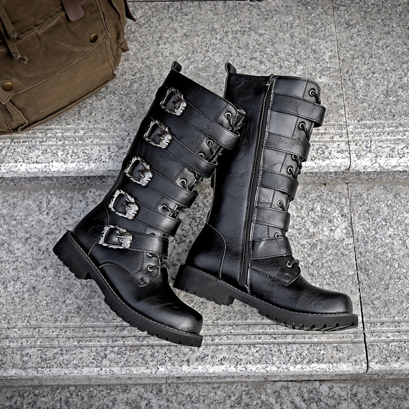Men's Leather Buckle Strap Combat Boots with Side Zip