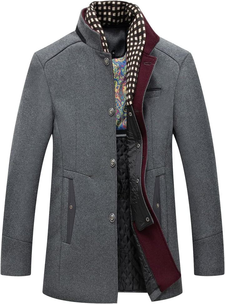 Men's Wool Stand Collar Winter Coat with Quilted Lining