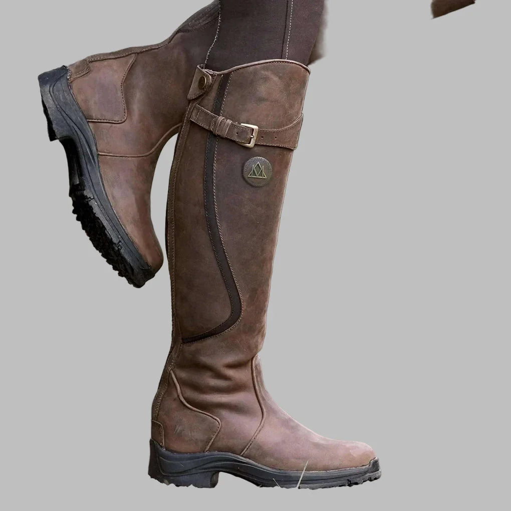 Women's Leather Knee-High Riding Boots with Buckle Strap