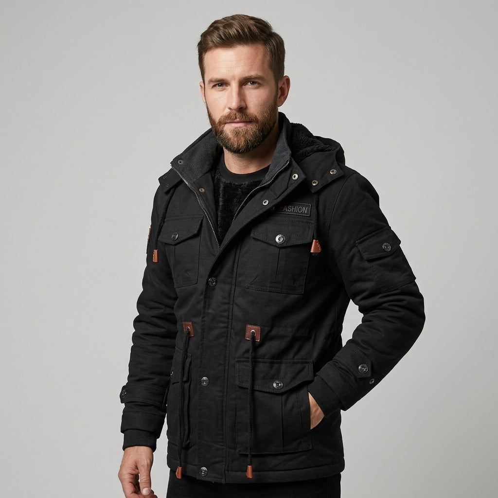Men's Cotton Utility Field Jacket with Fleece-Lined Hood