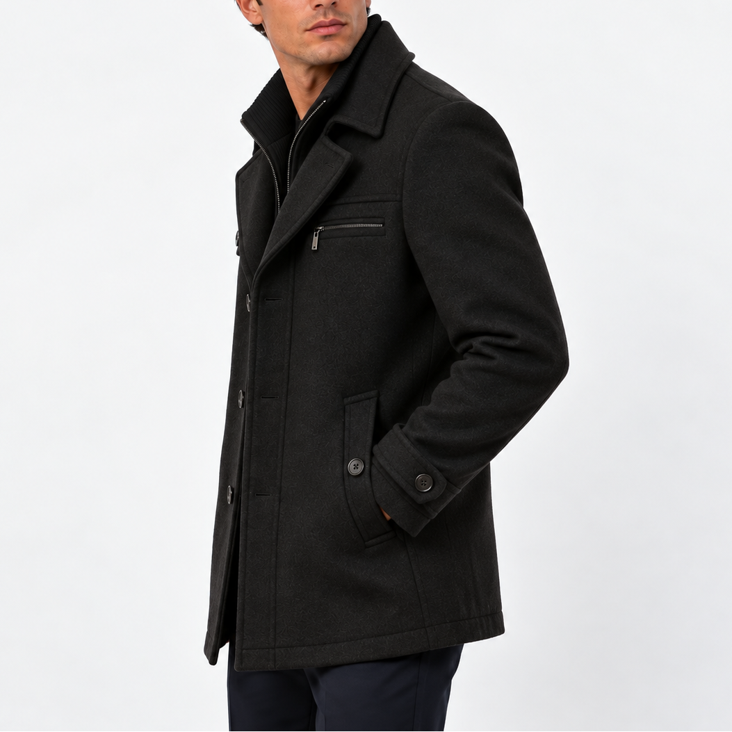 Men's Wool Blend Coat with Zip Collar and Button Front