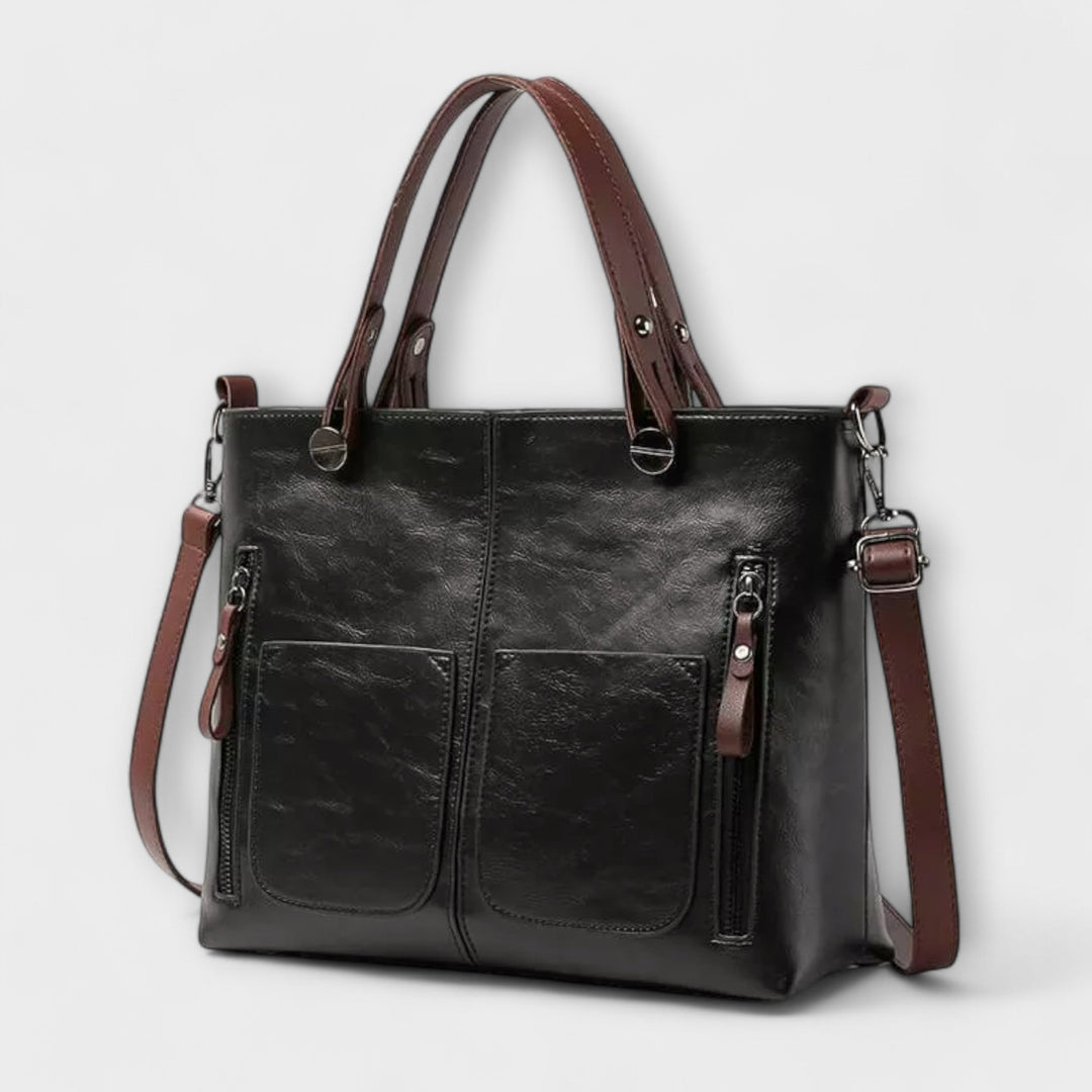 Women's Two-Tone Leather Tote Bag with Front Pockets