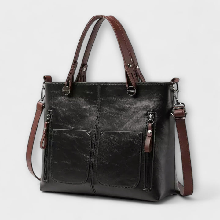Women's Two-Tone Leather Tote Bag with Front Pockets
