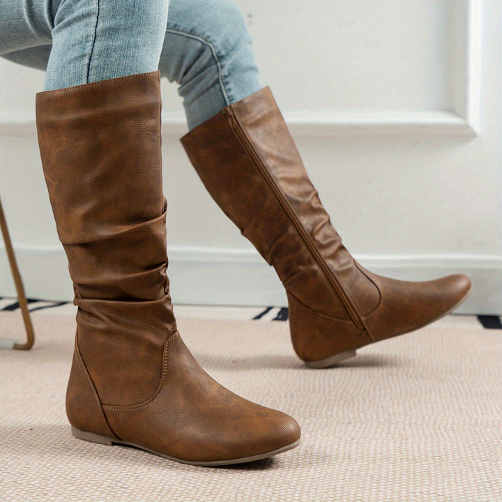Bottes plates slouch pour femme, mi-mollet, avec fermeture éclair latérale