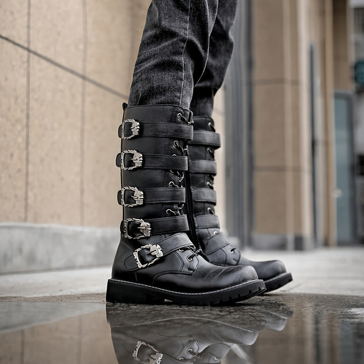 Men's Leather Buckle Strap Combat Boots with Side Zip