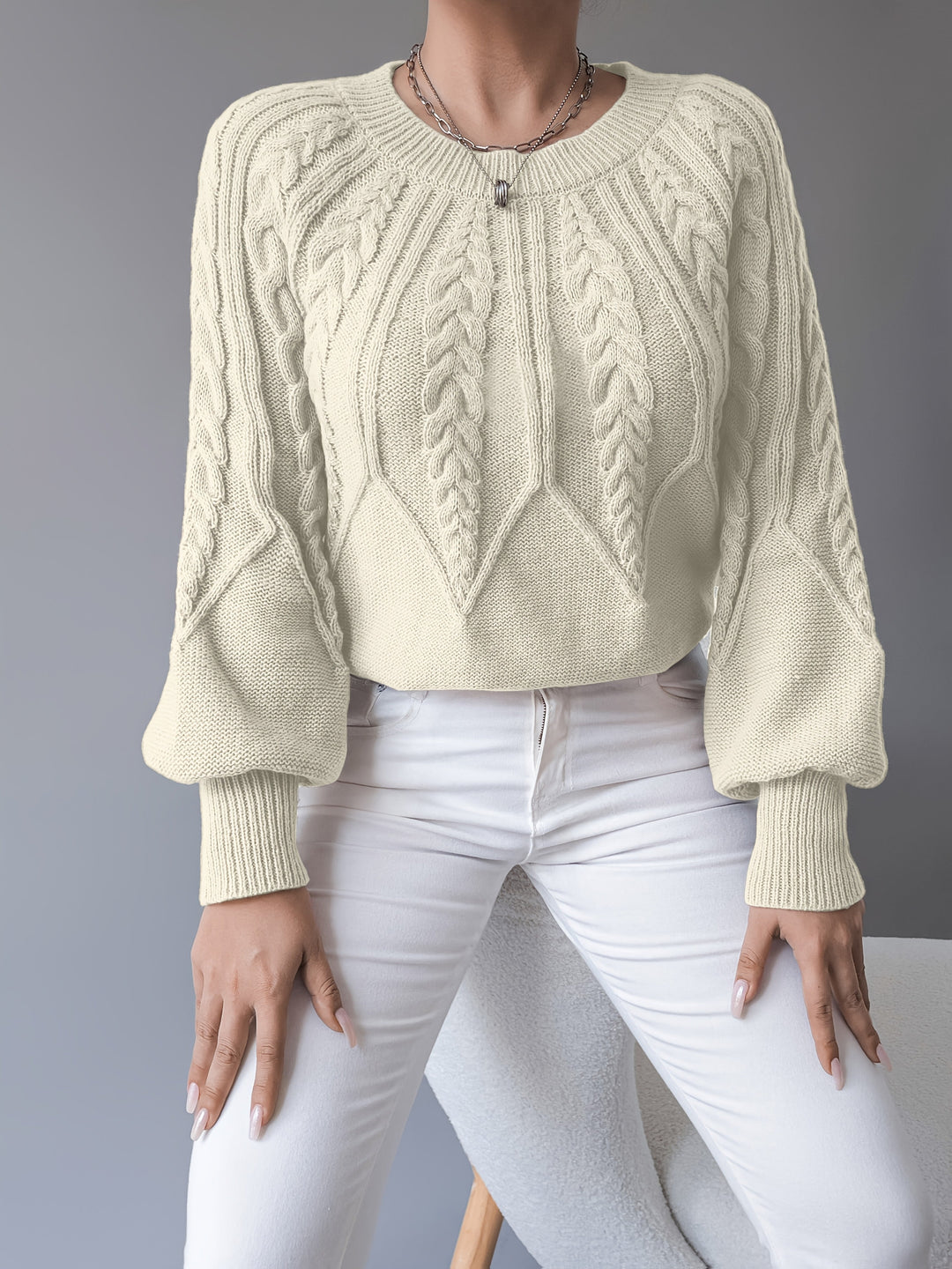 Women's Cable-Knit Cropped Jumper with Lantern Sleeves