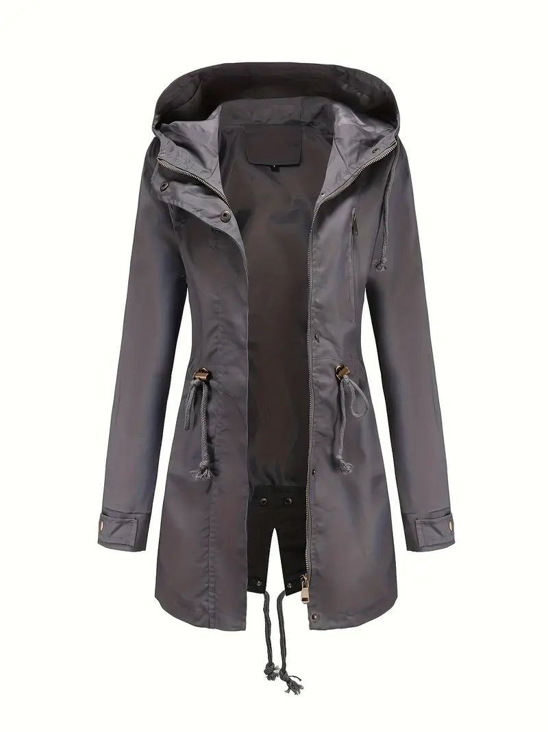 Parka imperméable à capuche pour femme avec taille à cordon de serrage