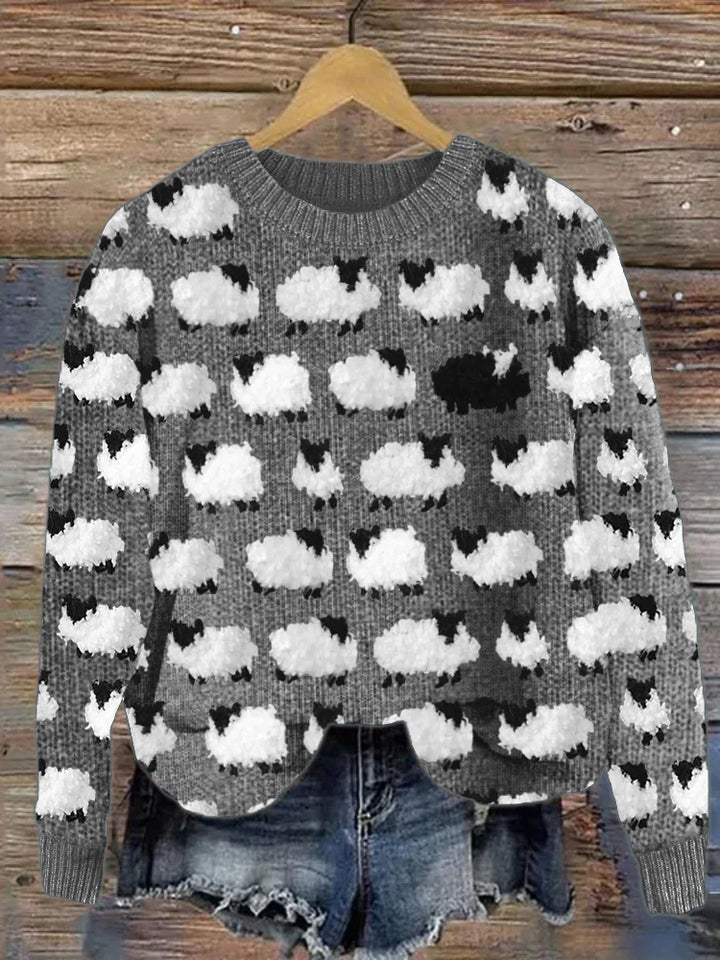 Pull en maille épaisse pour femme avec motif mouton et col rond