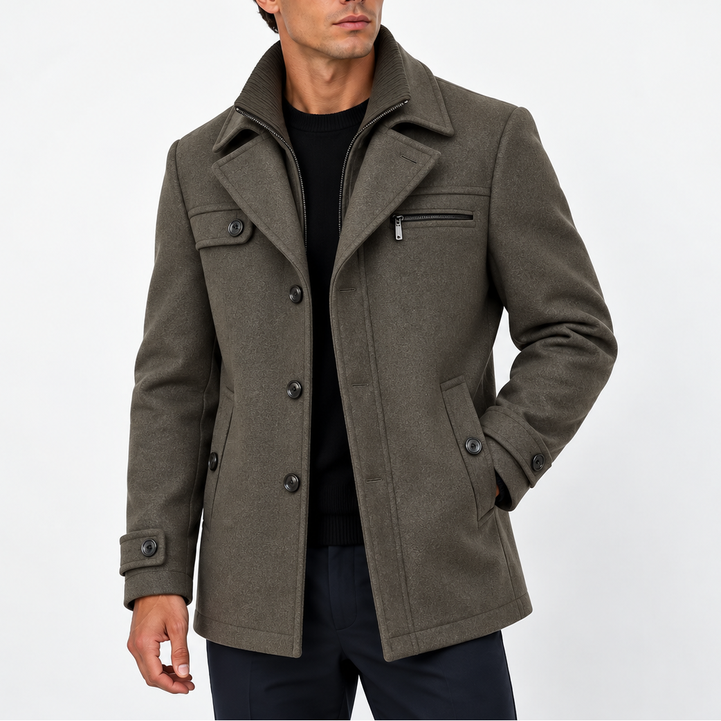 Men's Wool Blend Coat with Zip Collar and Button Front