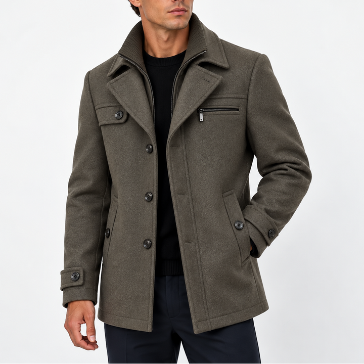 Men's Wool Blend Coat with Zip Collar and Button Front