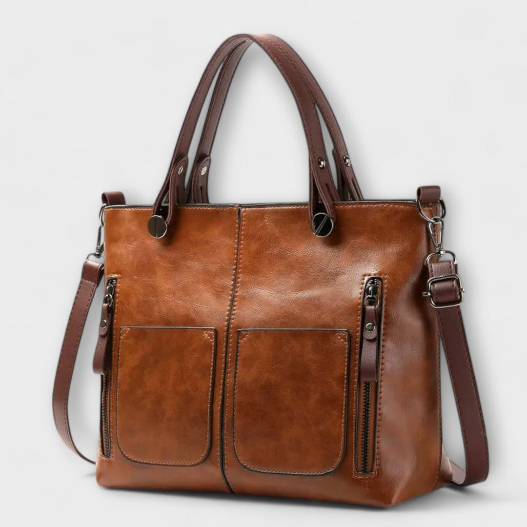 Women's Two-Tone Leather Tote Bag with Front Pockets