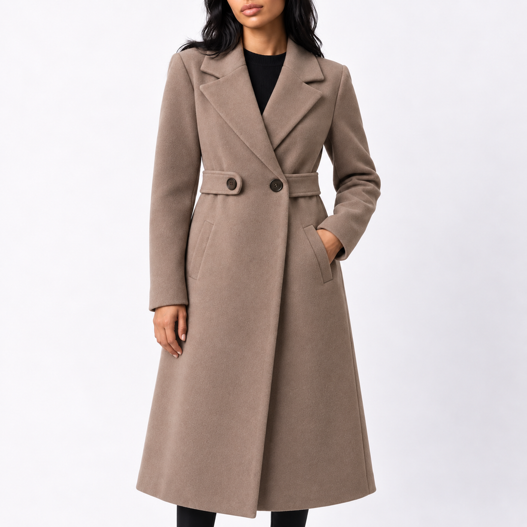 Women's Wool Long Coat with Belted Waist and Wide Lapels