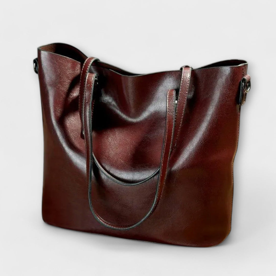 Women's Leather Bucket Tote with Buckle Strap Detail