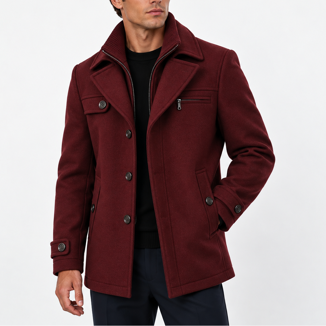 Men's Wool Blend Coat with Zip Collar and Button Front