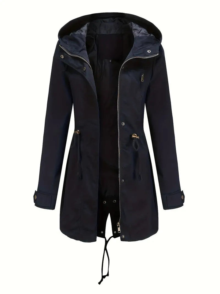 Parka imperméable à capuche pour femme avec taille à cordon de serrage