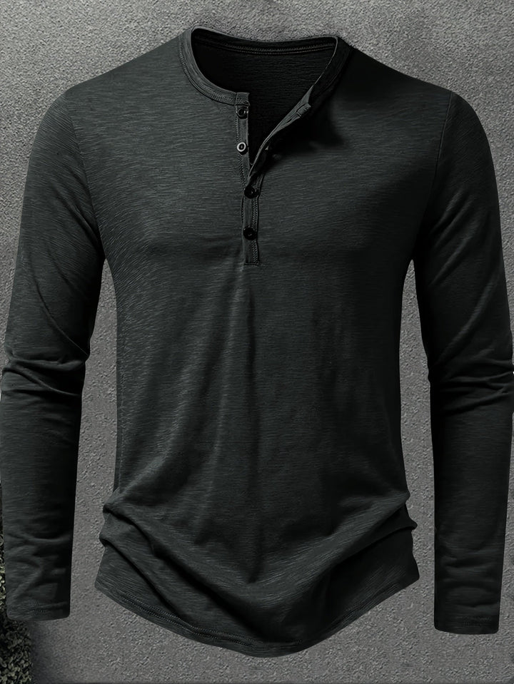 Men's Slub Knit Henley Shirt with Curved Hem