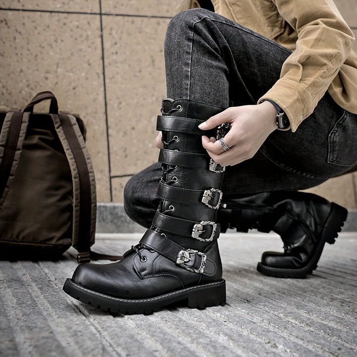 Men's Leather Buckle Strap Combat Boots with Side Zip