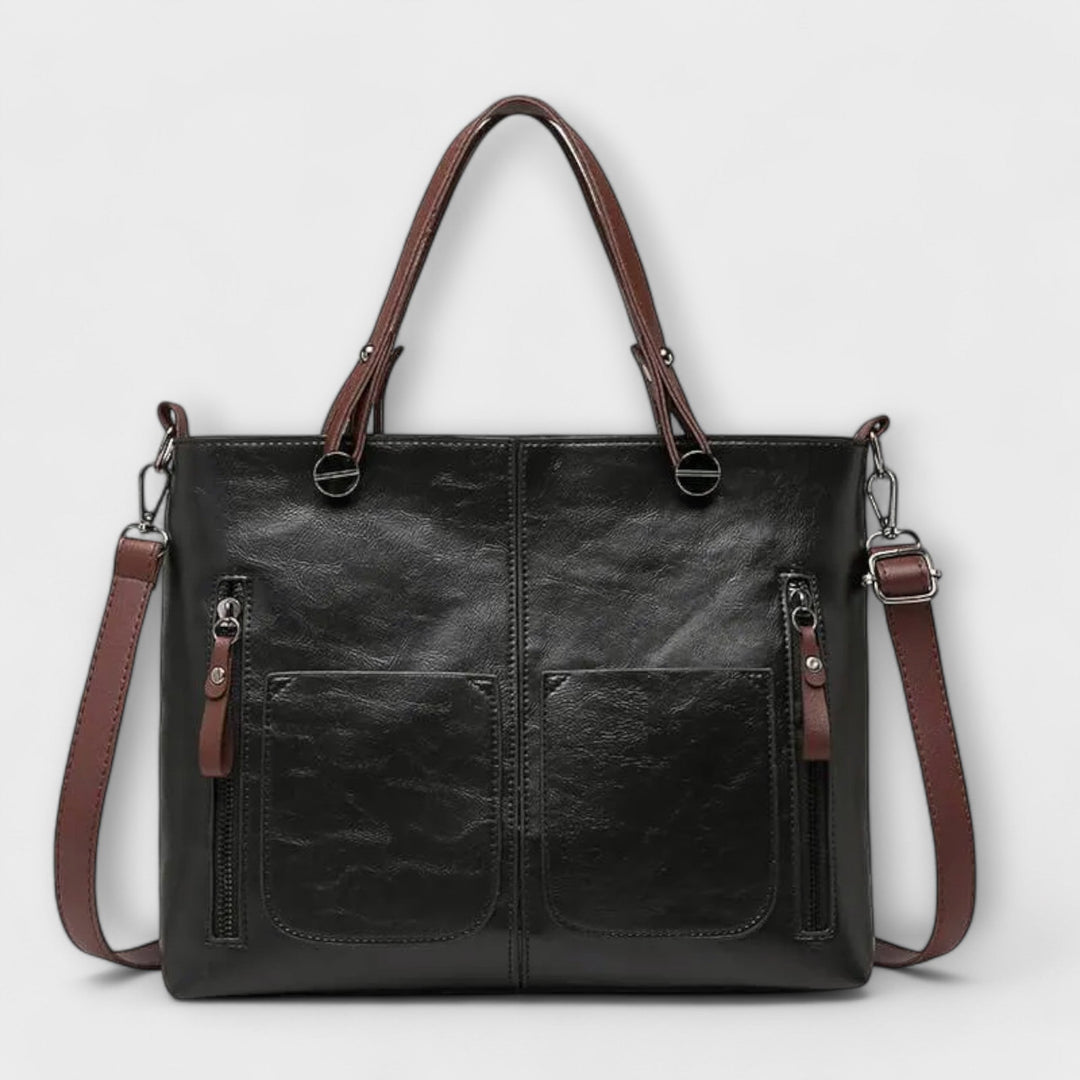Women's Two-Tone Leather Tote Bag with Front Pockets