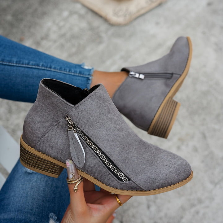 Women's Suede Ankle Boots with Side Zip Block Heel