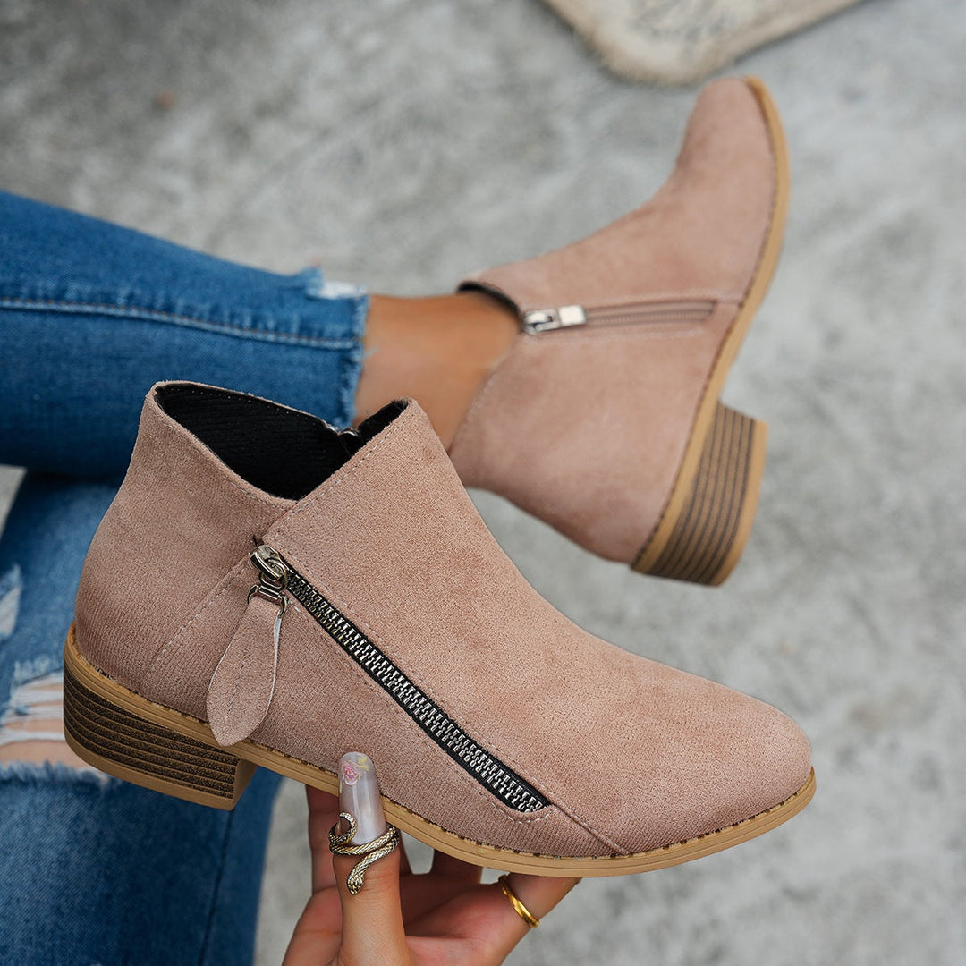 Women's Suede Ankle Boots with Side Zip Block Heel