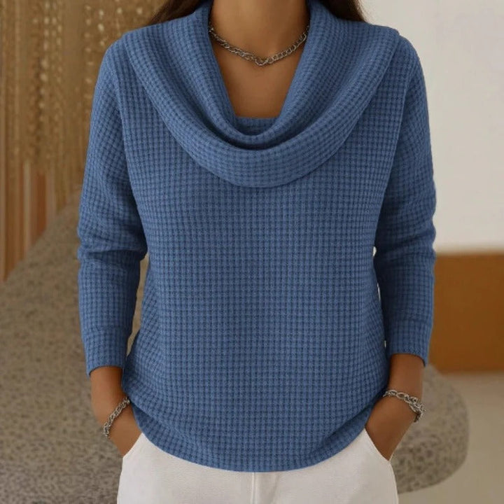 Women's Waffle Knit Cowl Neck Top with Long Sleeves