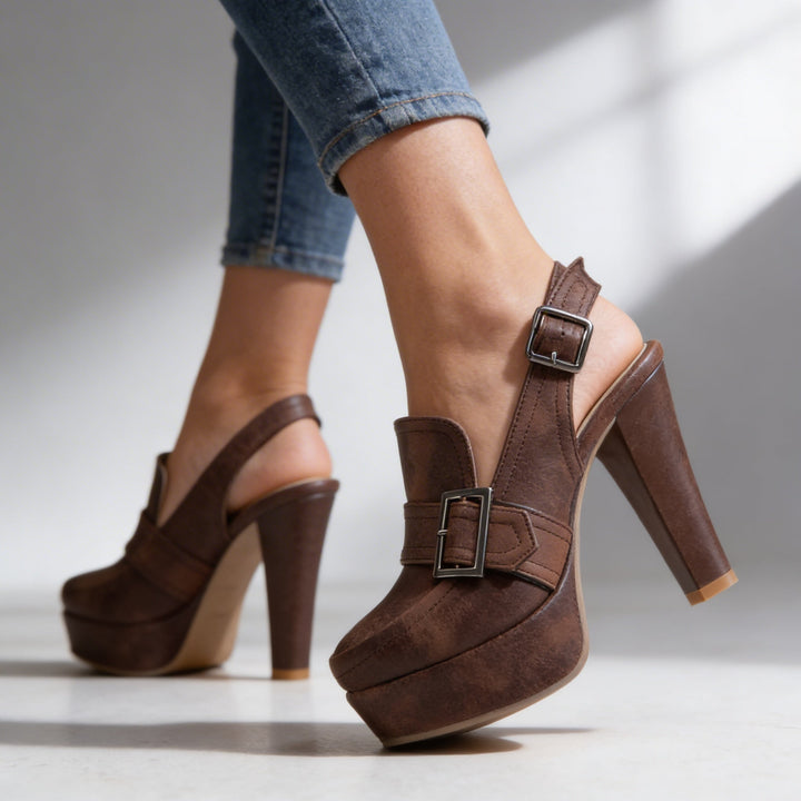 Women's Platform Block Heel Slingback Sandals with Buckle Strap