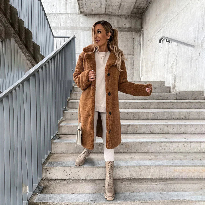 Women's Teddy Coat with Lapel Collar and Button Closure