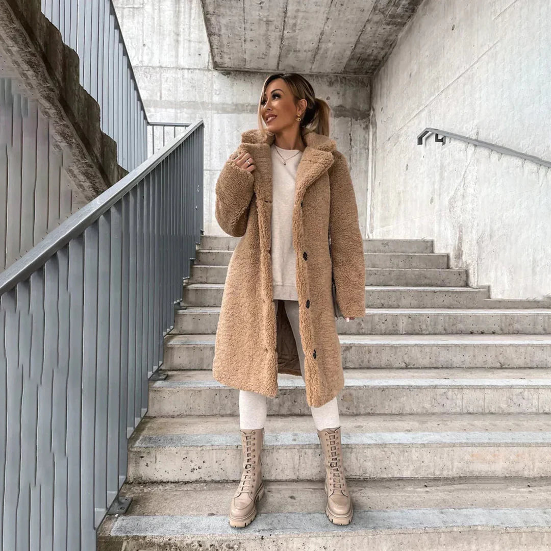 Women's Teddy Coat with Lapel Collar and Button Closure