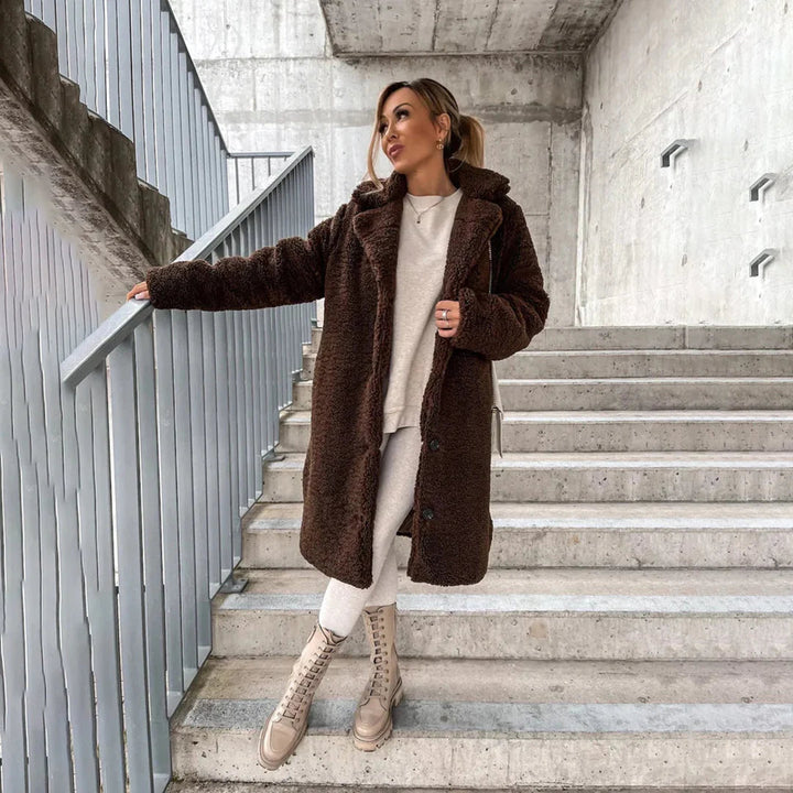 Women's Teddy Coat with Lapel Collar and Button Closure