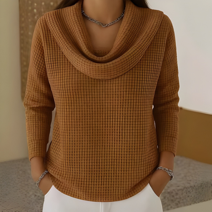 Women's Waffle Knit Cowl Neck Top with Long Sleeves
