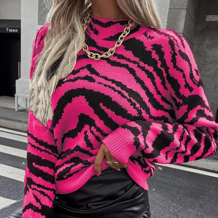 Women's Animal Print Knitted Jumper with High Neck