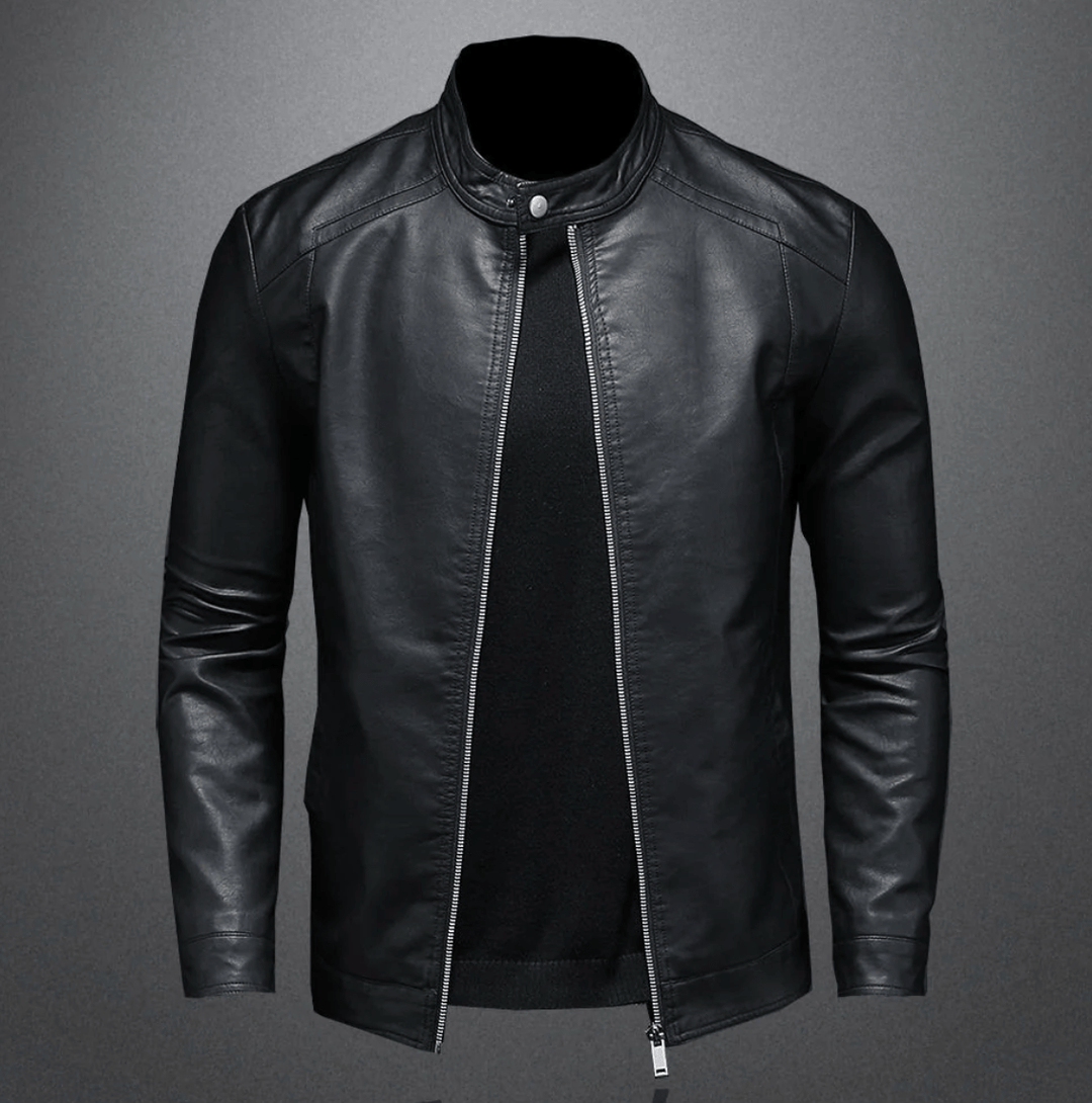 Men's Leather Jacket with Zip-Up Slim Fit