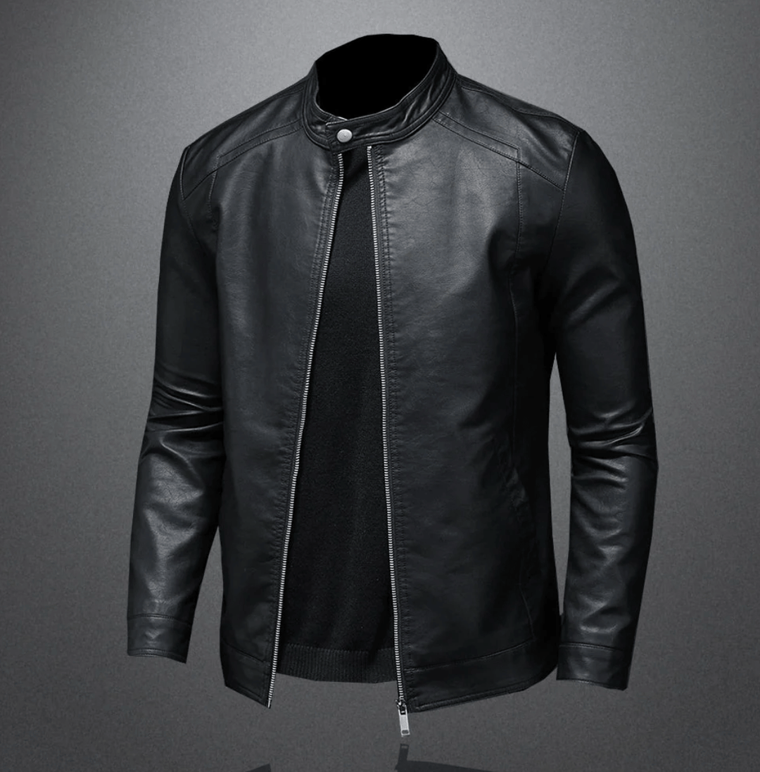 Men's Leather Jacket with Zip-Up Slim Fit