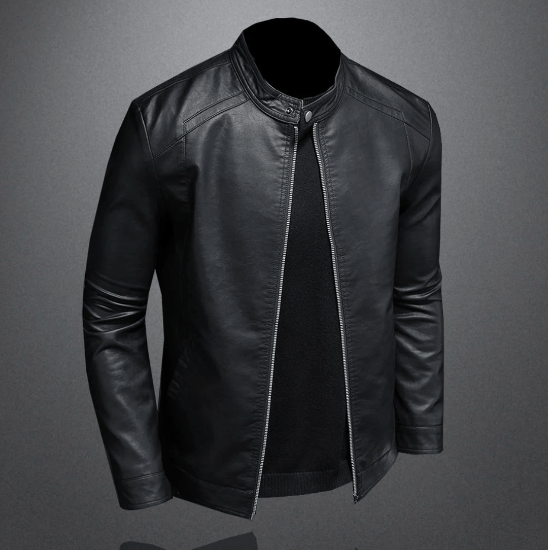 Men's Leather Jacket with Zip-Up Slim Fit