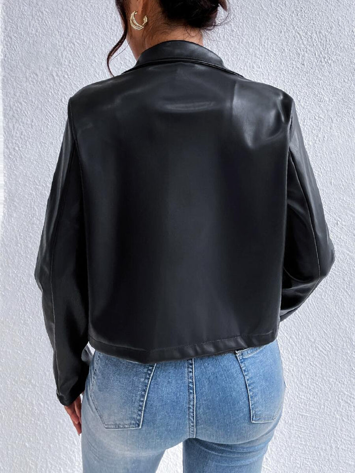Veste courte en cuir pour femme avec col large