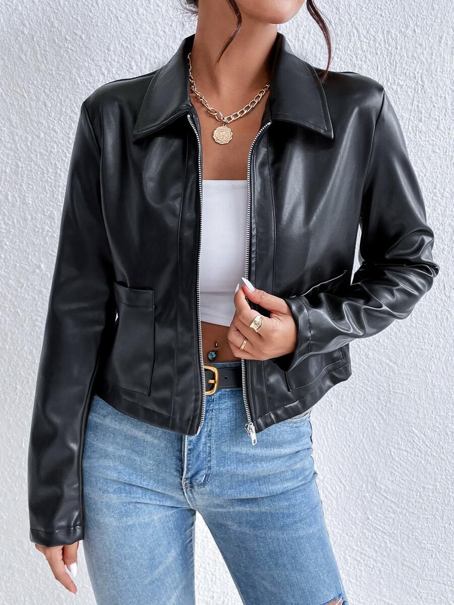 Veste courte en cuir pour femme avec col large