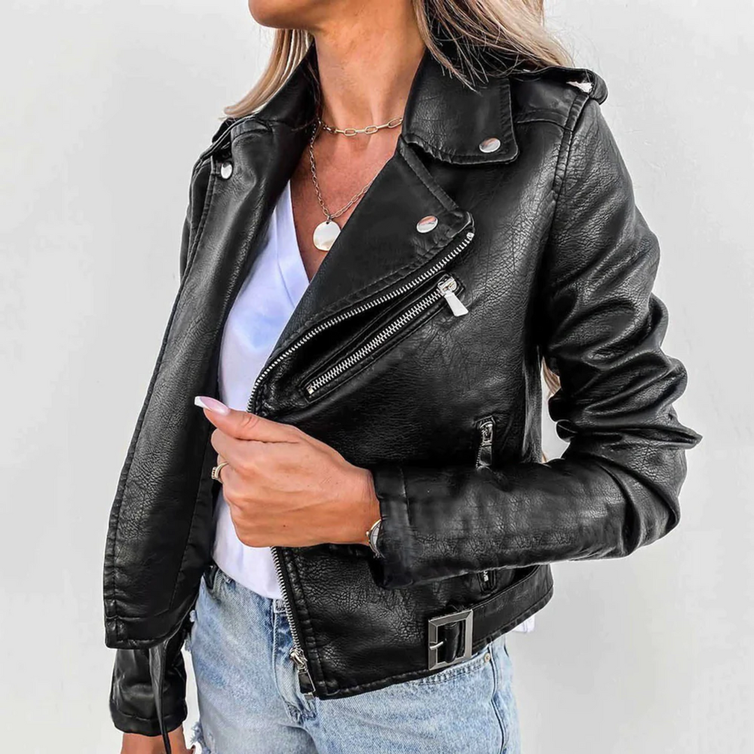 Veste de motard en cuir pour femme, avec fermeture à glissière asymétrique